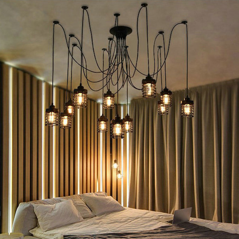 12 Heads Swag Pendant Lamp Farmhouse Bedroom Multi Light Ceiling Light with Cylinder Iron Cage in Black