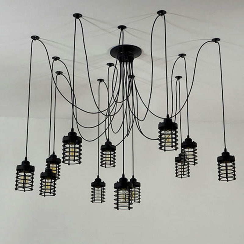 12 Heads Swag Pendant Lamp Farmhouse Bedroom Multi Light Ceiling Light with Cylinder Iron Cage in Black