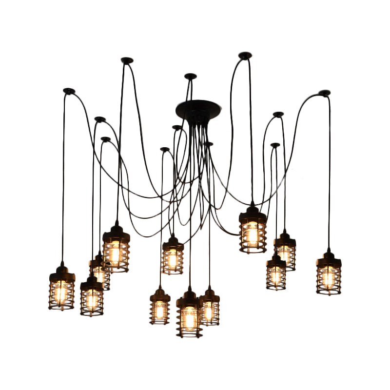 12 Heads Swag Pendant Lamp Farmhouse Bedroom Multi Light Ceiling Light with Cylinder Iron Cage in Black