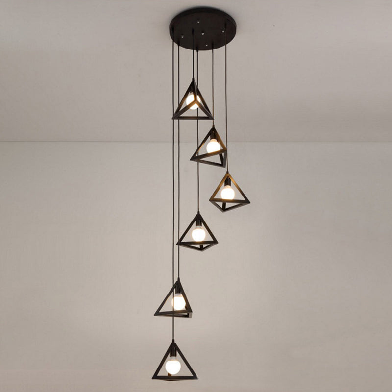 6-Bulb Cluster Pendant Light Vintage Triangle Metal Hanging Ceiling Light in Black