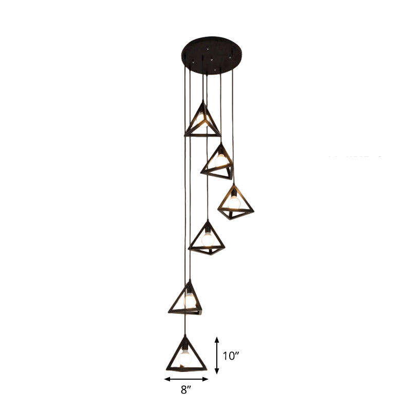 6-Bulb Cluster Pendant Light Vintage Triangle Metal Hanging Ceiling Light in Black