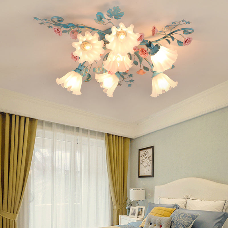 7/9 Lights Semi Flush Mount Korean Garden Flower Frosted Class Flush Ceiling Light in White/Pink