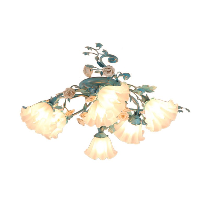 7/9 Lights Semi Flush Mount Korean Garden Flower Frosted Class Flush Ceiling Light in White/Pink