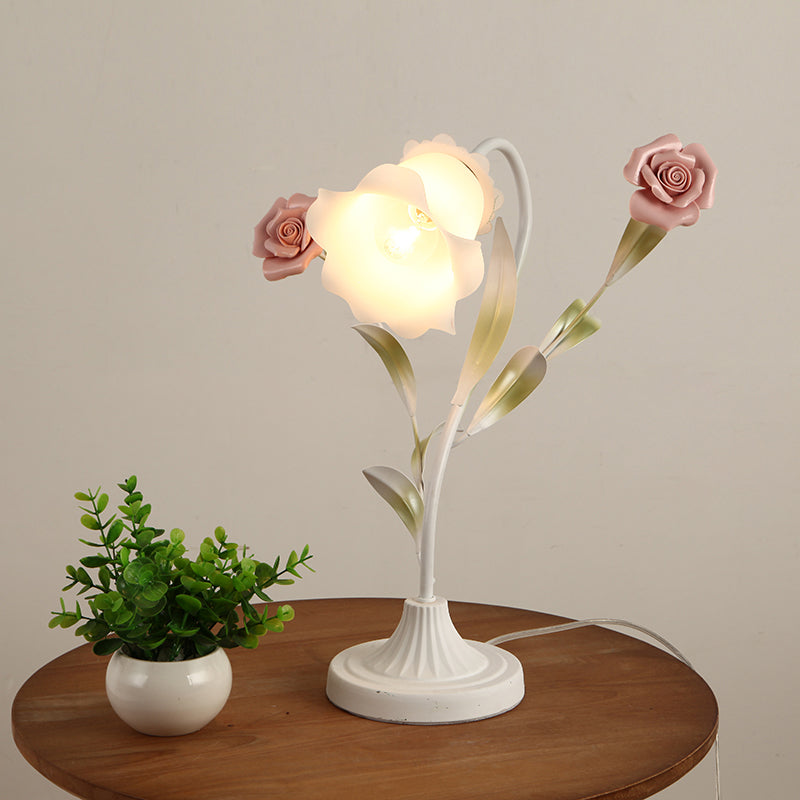 1-Bulb Table Light Korean Garden Dinning Room Night Lamp with Floral Opal Frosted Glass Shade in Red/Pink