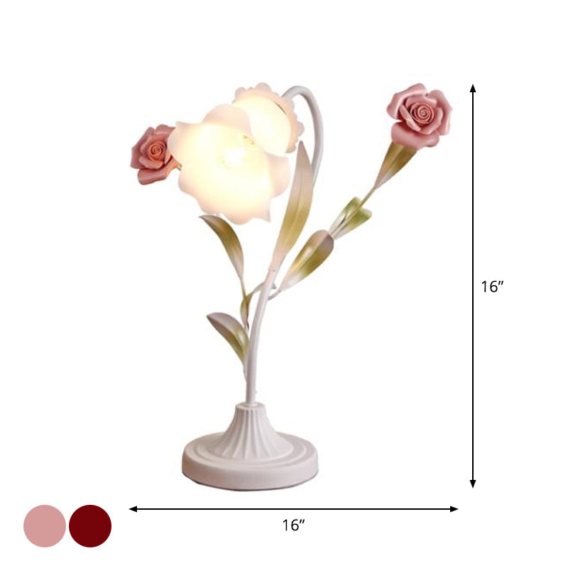 1-Bulb Table Light Korean Garden Dinning Room Night Lamp with Floral Opal Frosted Glass Shade in Red/Pink