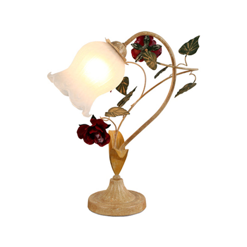 1-Bulb Night Light Pastoral Floral Frosted Milky Glass Table Lamp with Arched Arm in Blue/Beige