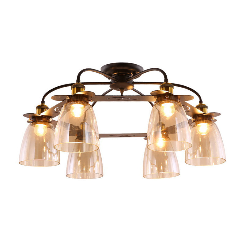 Cognac Glass Bell Semi Flush Lighting Industrial 3/5/6 Heads Living Room Ceiling Lamp in Aged Brass