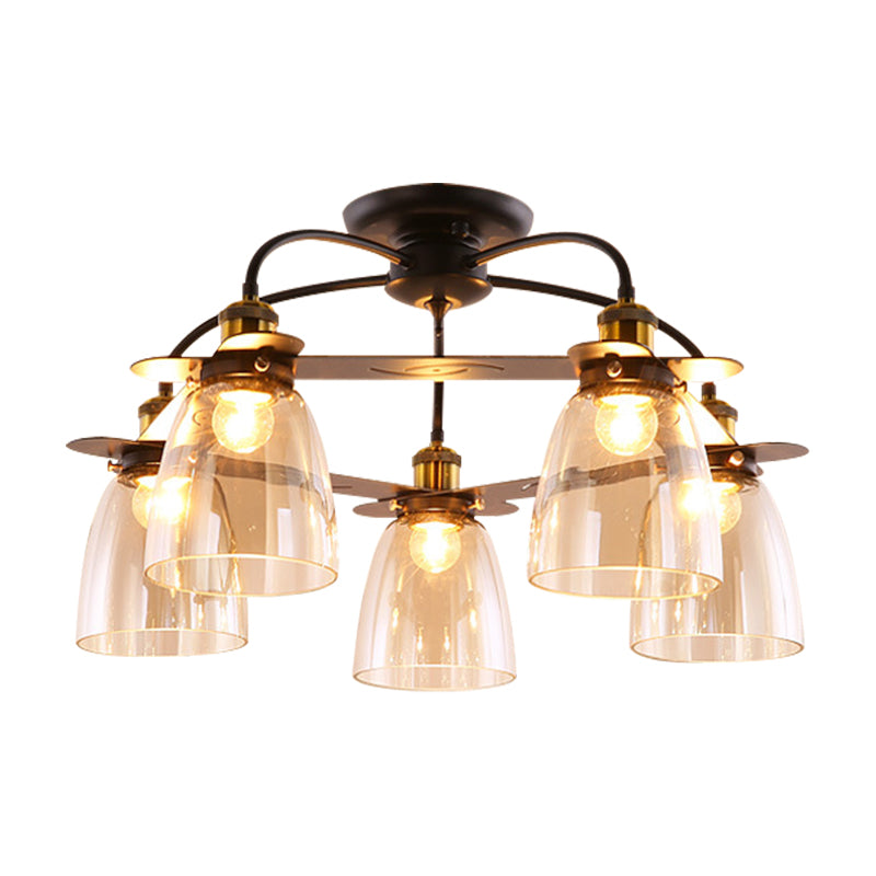 Cognac Glass Bell Semi Flush Lighting Industrial 3/5/6 Heads Living Room Ceiling Lamp in Aged Brass