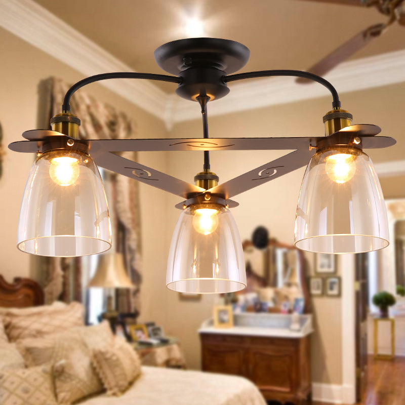 Cognac Glass Bell Semi Flush Lighting Industrial 3/5/6 Heads Living Room Ceiling Lamp in Aged Brass