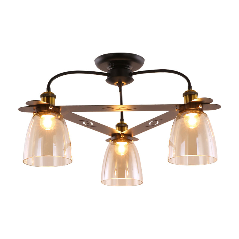 Cognac Glass Bell Semi Flush Lighting Industrial 3/5/6 Heads Living Room Ceiling Lamp in Aged Brass