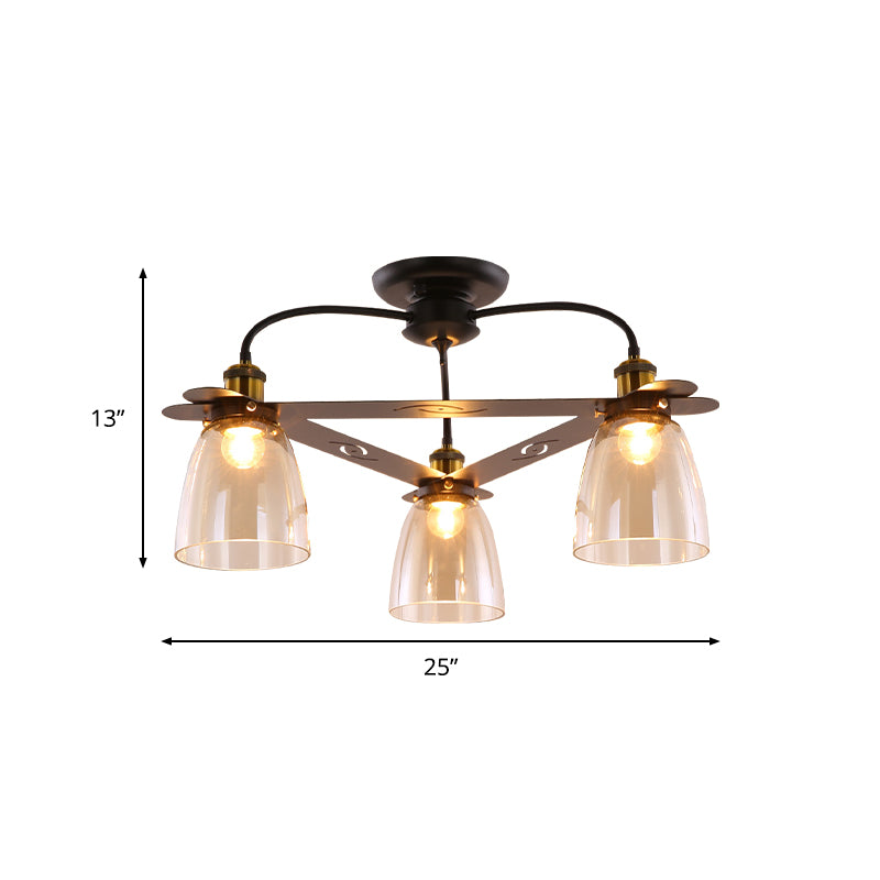 Cognac Glass Bell Semi Flush Lighting Industrial 3/5/6 Heads Living Room Ceiling Lamp in Aged Brass