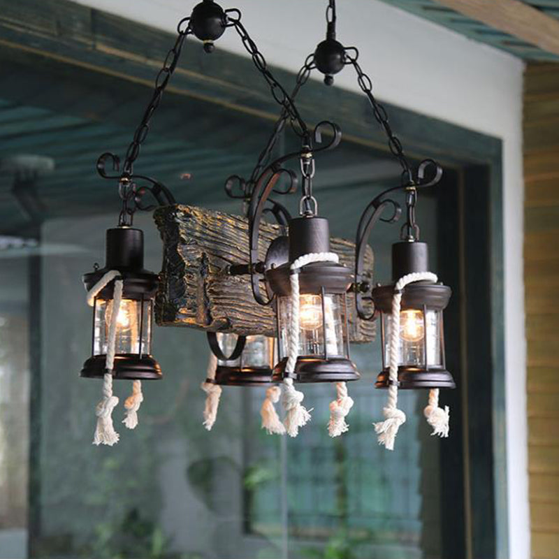 Lantern Clear Glass Chandelier Lamp Industrial 4/6 Heads Restaurant Ceiling Pendant Light in Wood