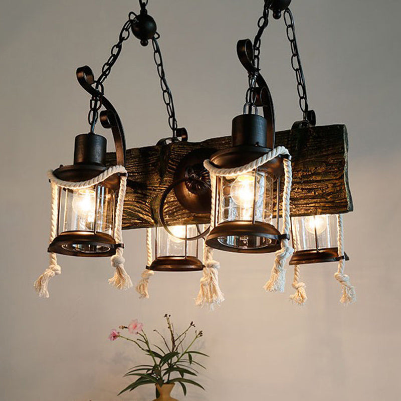 Lantern Clear Glass Chandelier Lamp Industrial 4/6 Heads Restaurant Ceiling Pendant Light in Wood