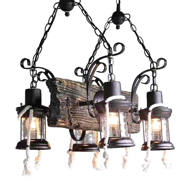 Lantern Clear Glass Chandelier Lamp Industrial 4/6 Heads Restaurant Ceiling Pendant Light in Wood