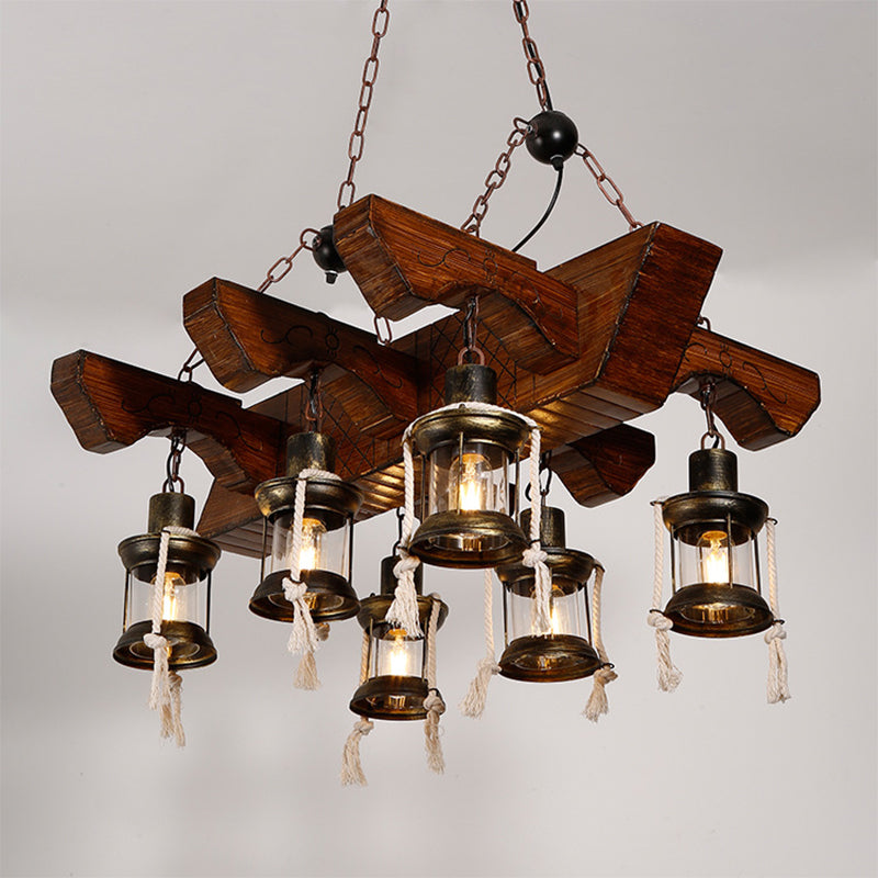 Lantern Clear Glass Chandelier Lamp Industrial 4/6 Heads Restaurant Ceiling Pendant Light in Wood