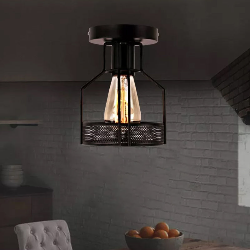 Cage Bistro Semi Flush Mount Lamp Rustic Iron 1 Bulb Black Ceiling Light with Mesh Detail