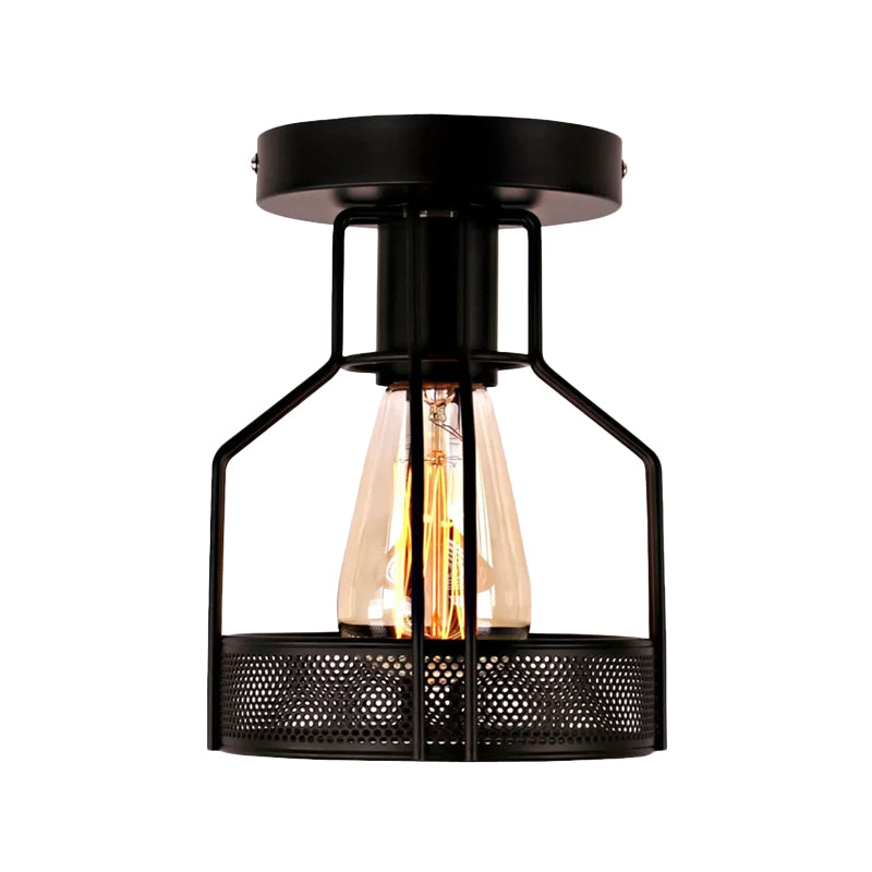 Cage Bistro Semi Flush Mount Lamp Rustic Iron 1 Bulb Black Ceiling Light with Mesh Detail