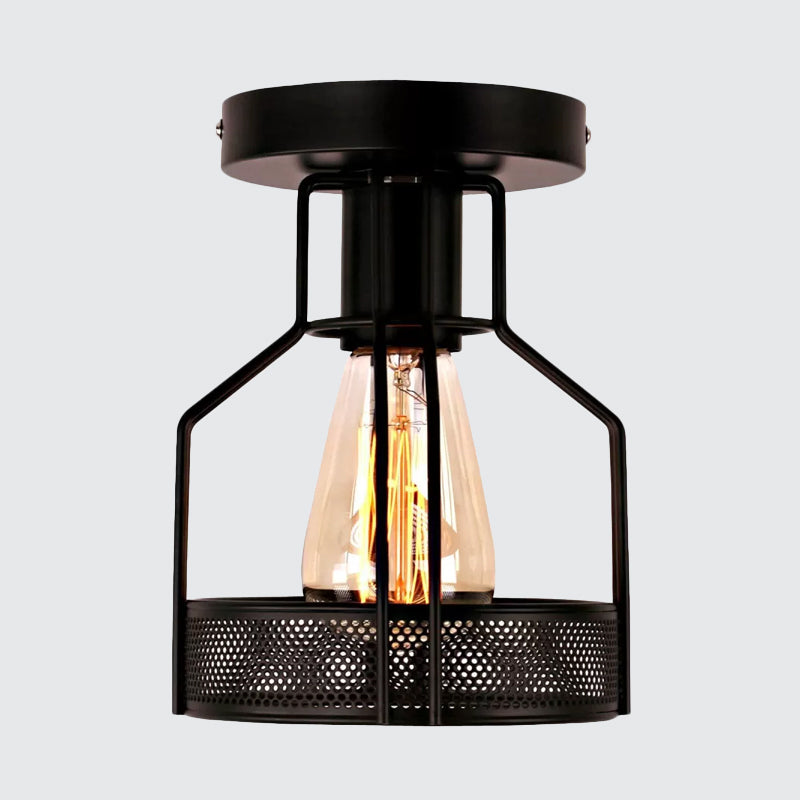 Cage Bistro Semi Flush Mount Lamp Rustic Iron 1 Bulb Black Ceiling Light with Mesh Detail