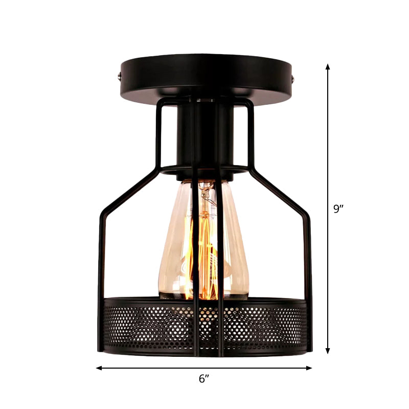 Cage Bistro Semi Flush Mount Lamp Rustic Iron 1 Bulb Black Ceiling Light with Mesh Detail