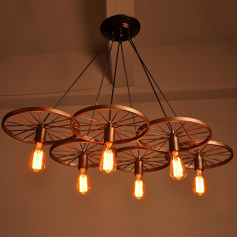 Rust Wheel Chandelier Lamp Industrial Wrought Iron 3/6-Head Dining Room Suspension Pendant