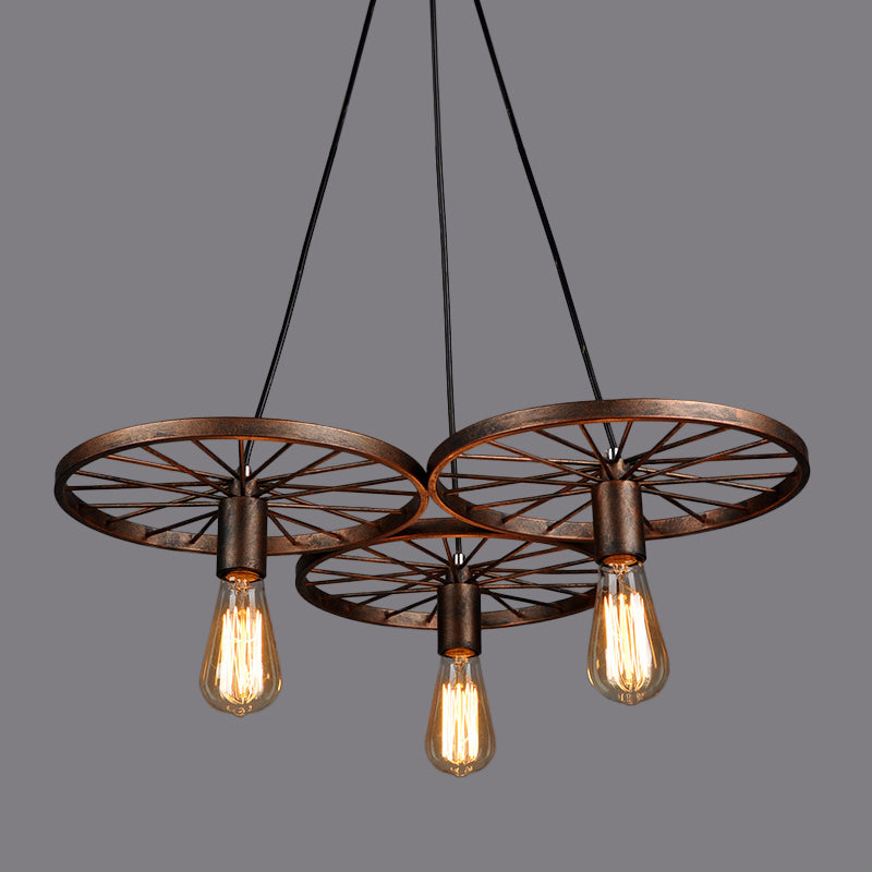 Rust Wheel Chandelier Lamp Industrial Wrought Iron 3/6-Head Dining Room Suspension Pendant