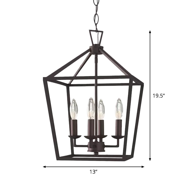 Schwarzer Trapez -Anhänger Beleuchtungsbehandlung Vintage Eisen 4 Lampenlampen Küchendecker Krorenleuchter