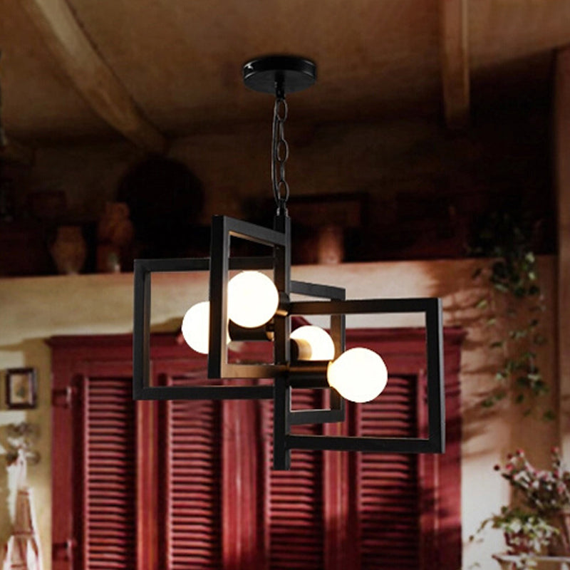 Square Living Room Pendant Chandelier Industrial Iron 4 Lights Black Hanging Light Fixture