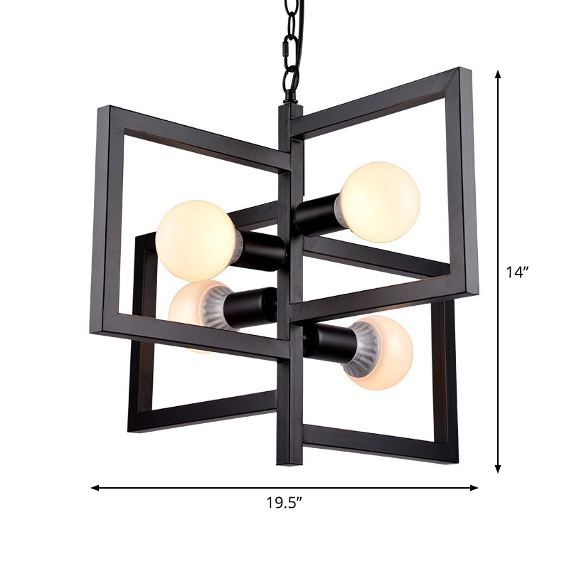 Square Living Room Pendant Chandelier Industrial Iron 4 Lights Black Hanging Light Fixture