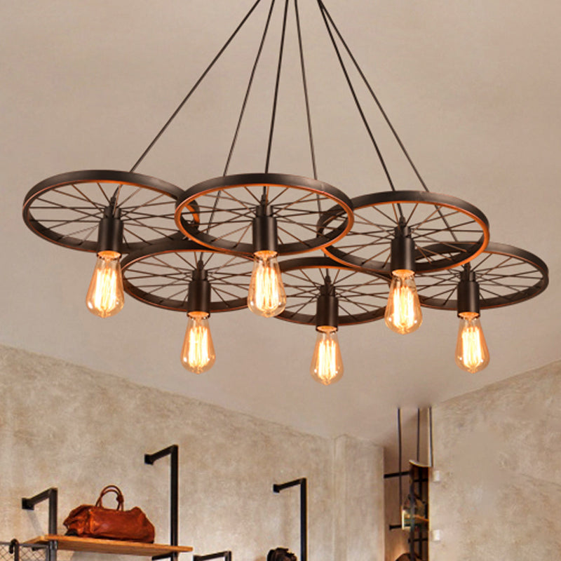 Lámpara de lámpara de rueda negra hierro rústico 3/6 bulbos sala de estar colgando luz de techo