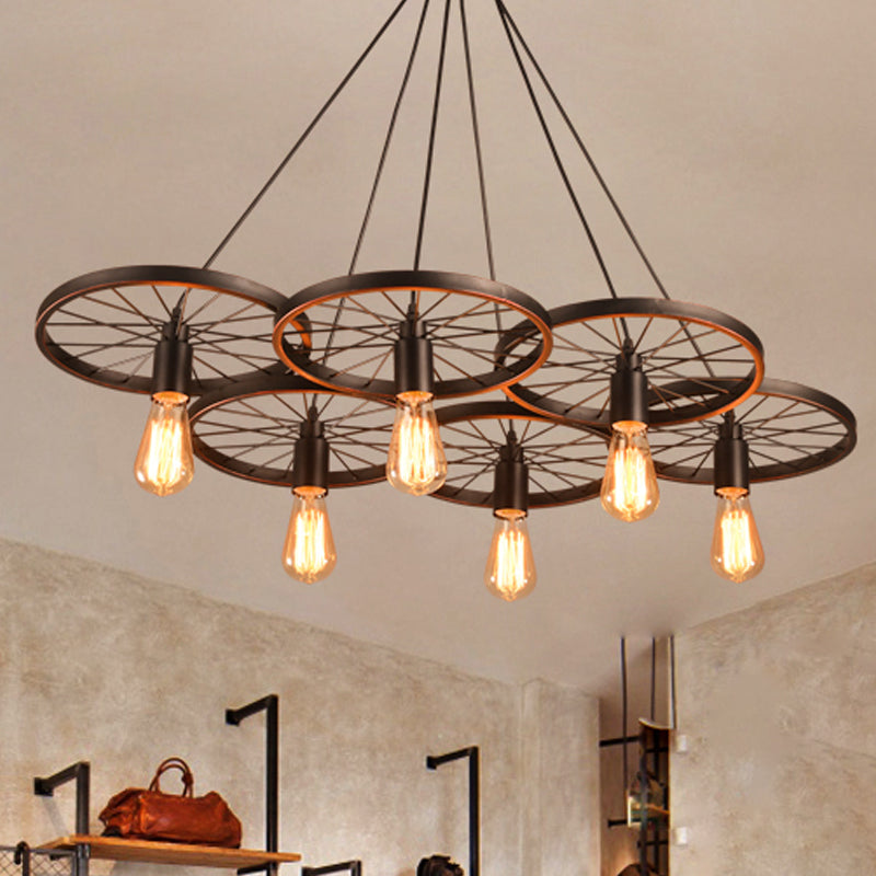 Lampada del lampadario a ruota nera Iron Rustico 3/6 Bulbs soggiorno Luce a soffitto appeso