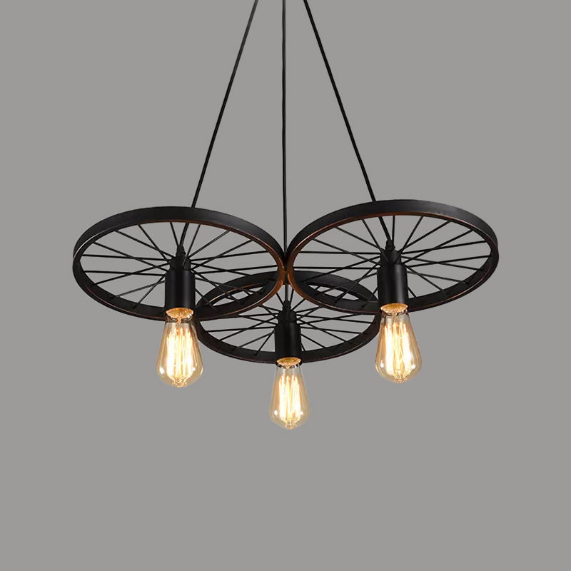 Lámpara de lámpara de rueda negra hierro rústico 3/6 bulbos sala de estar colgando luz de techo