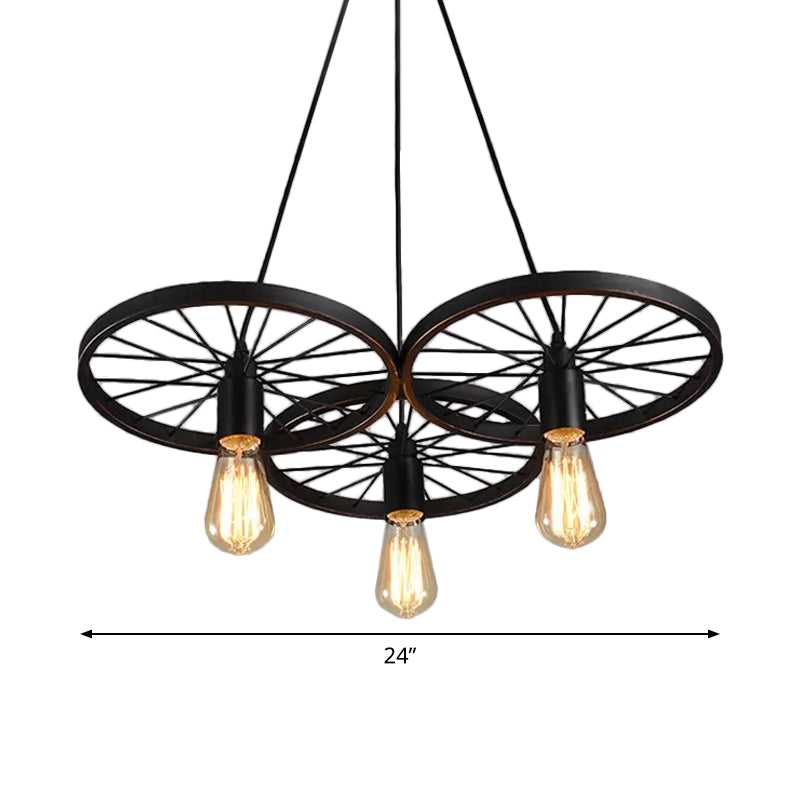 Black Wheel Chandelier Lamp Rustic Iron 3/6 Bulbs Living Room Hanging Ceiling Light