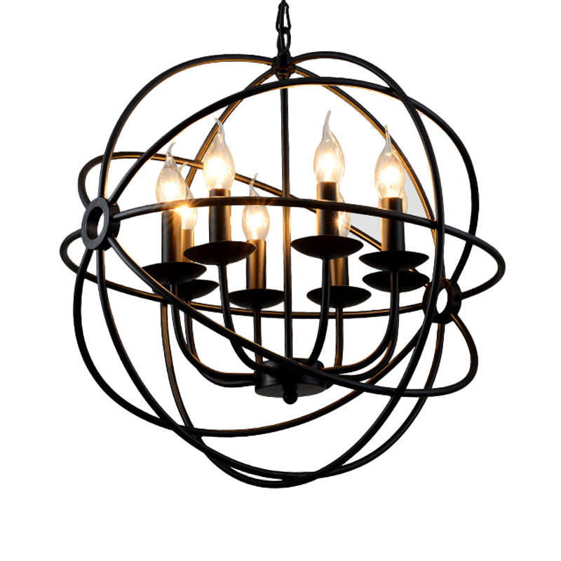 6 Bulbs Spherical Hanging Light Warehouse Black Iron Chandelier Pendant for Restaurant