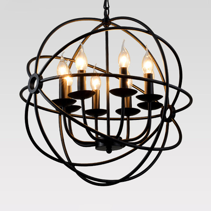 6 Bulbs Spherical Hanging Light Warehouse Black Iron Chandelier Pendant for Restaurant