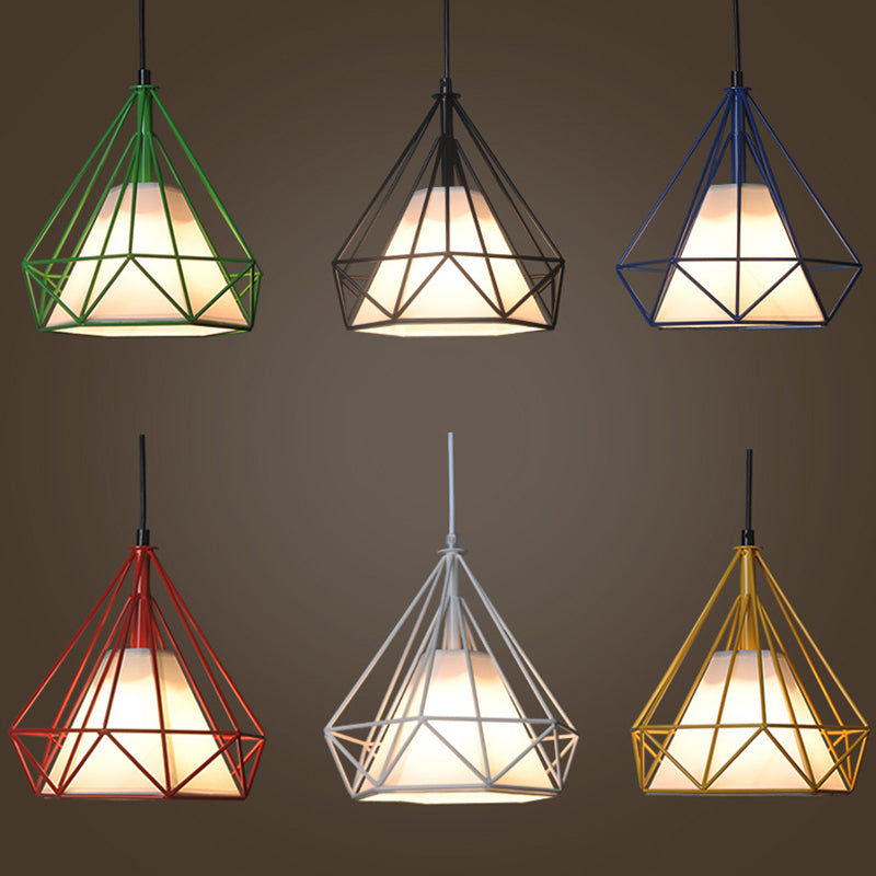 Loft Diamond plafond Hang Lamp 1 kop IJzeren Pendantverlichting in zwart/wit/groen met kegelstofschaduw binnenin