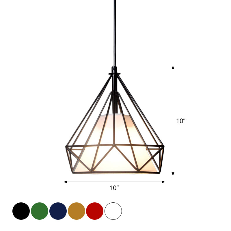 Loft Diamond Ceiling Hang Lamp 1 Head Iron Pendant Lighting in Black/White/Green with Cone Fabric Shade Inside