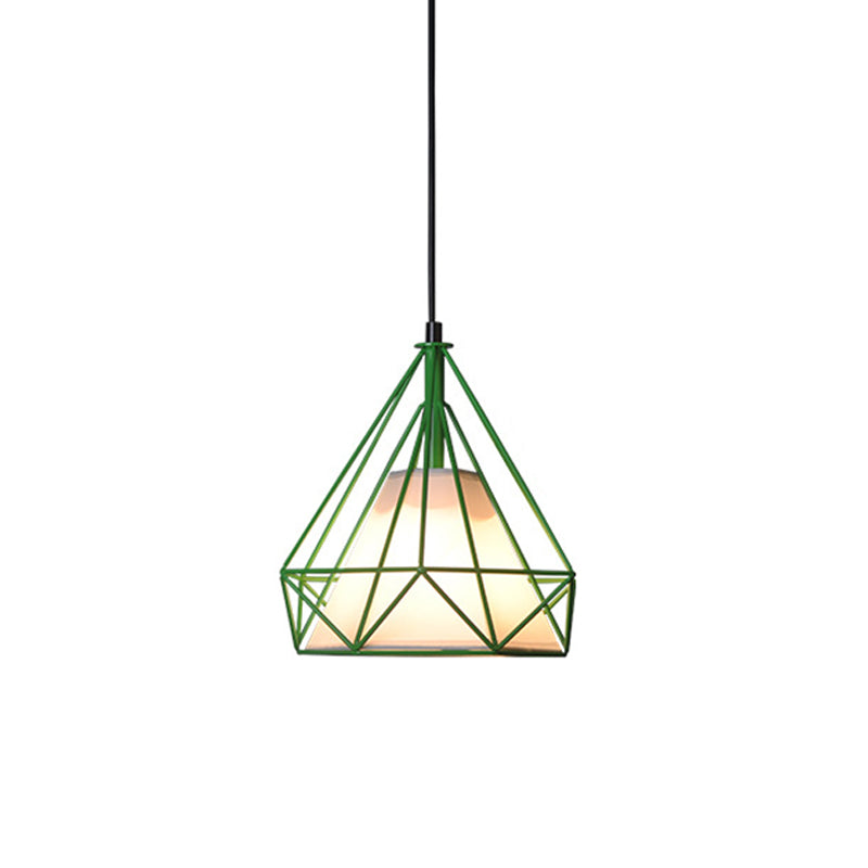 Loft Diamond Ceiling Hang Lamp 1 Head Iron Pendant Lighting in Black/White/Green with Cone Fabric Shade Inside