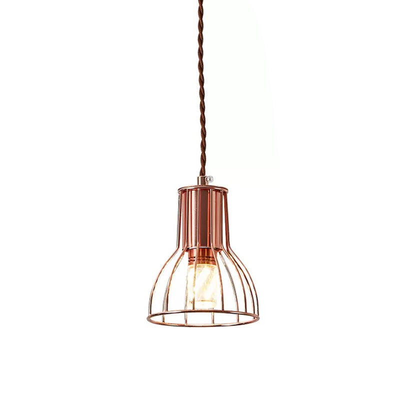 Iron Rose Gold Pendant Lamp Flared/Diamond Cage 1-Light Industrial Ceiling Hang Light for Bedroom