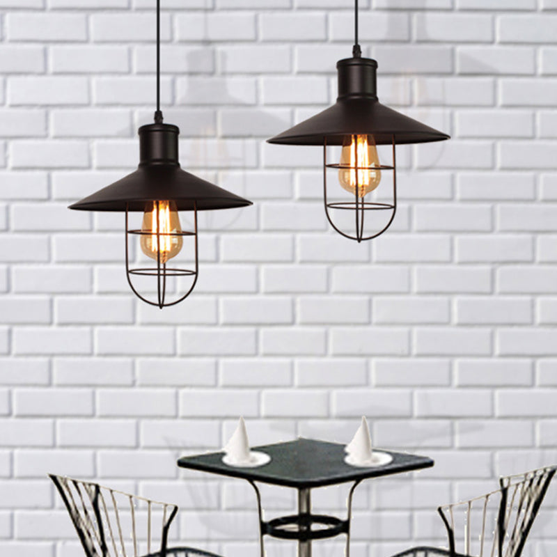 Industrial Saucer Shade Pendant Lamp 1 Head Metal Hanging Light Fixture with Cage Bottom in Black