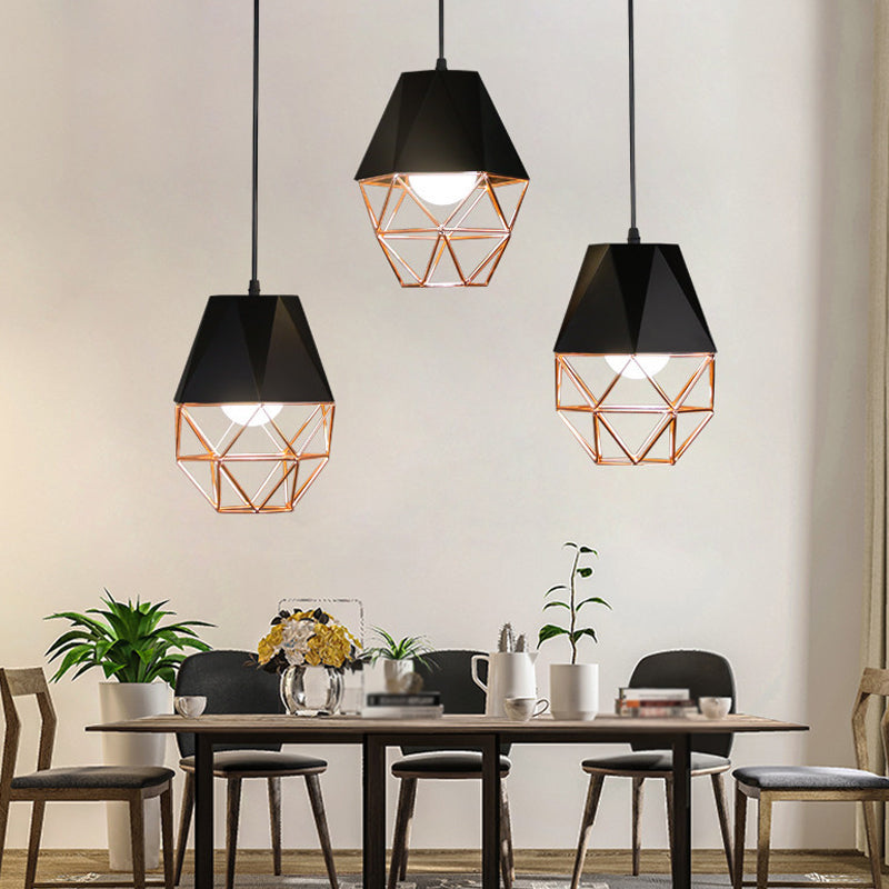 Black and Rose Gold 1-Bulb Drop Pendant Loft Style Iron Cone/Cage Ceiling Hang Light over Dining Table