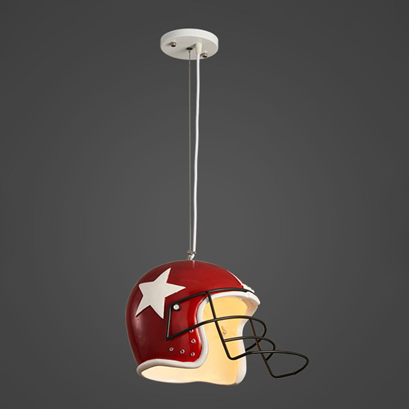 Resin Soccer Helmet Ceiling Pendant Industrial Single Restaurant Suspension Light in Red/White