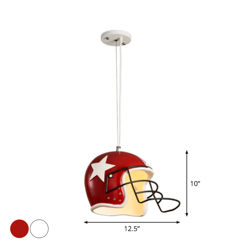 Resin Soccer Helmet Ceiling Pendant Industrial Single Restaurant Suspension Light in Red/White