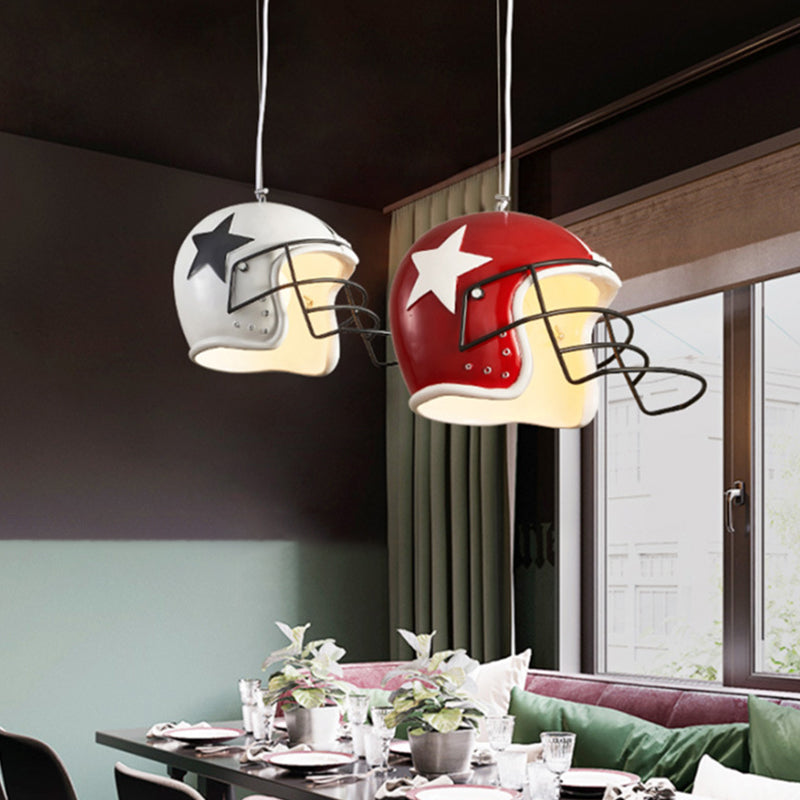 Resin Soccer Helmet Ceiling Pendant Industrial Single Restaurant Suspension Light in Red/White