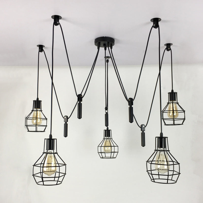 Ball-Shape Restaurant Multi Ceiling Light Rustic Iron 5-Light Black Pulley Swag Pendant