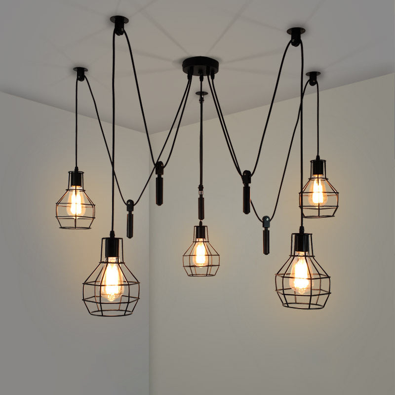 Ball-vorm Restaurant Multi plafondlicht Rustiek Iron 5-Light Black Pulley Swag Pendant