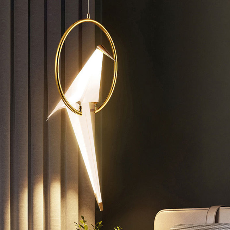 Nordic 1/2/3-Bulb Ceiling Light White-Gold Round Pendant Light Kit with Plastic Crane Shade