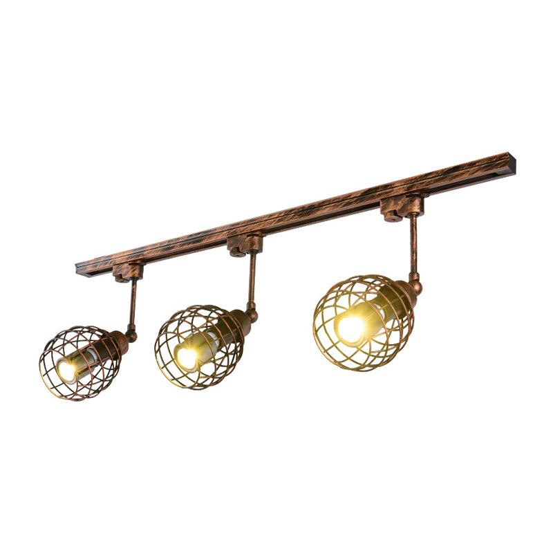 2/3 Lights Flush Mount Spotlight Industrial Bistro Semi Flush Ceiling Light with Sphere Iron Cage in Black/White/Rust