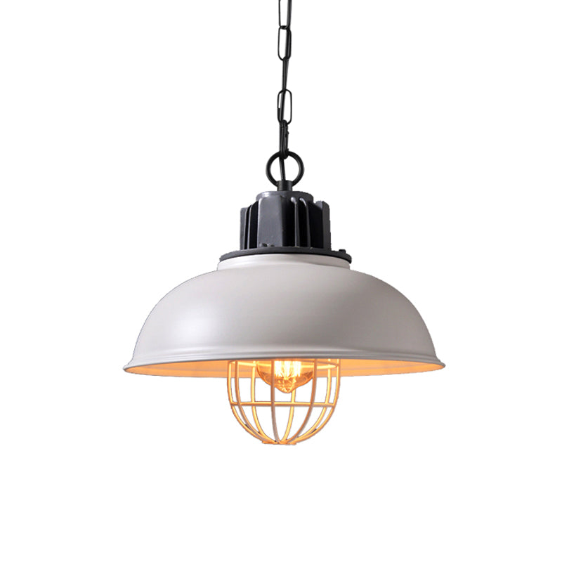 Bowl Dining Room Suspension Lighting Industrial Iron 1 Head Black/White Drop Pendant with Cage