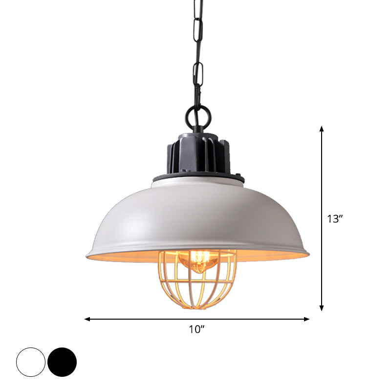 Bowl Dining Room Suspension Lighting Industrial Iron 1 Head Black/White Drop Pendant with Cage