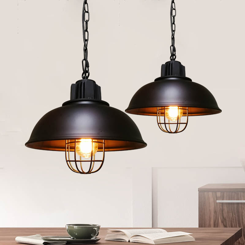 Bowl Dining Room Suspension Lighting Industrial Iron 1 Head Black/White Drop Pendant with Cage